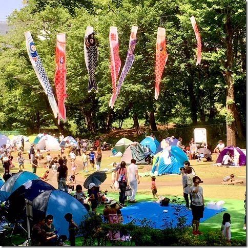 こいのぼりが泳いでいる公園でテントやシートを敷いて遊ぶ大勢の人の写真